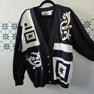 Black and White Cardigan with Gold Accents